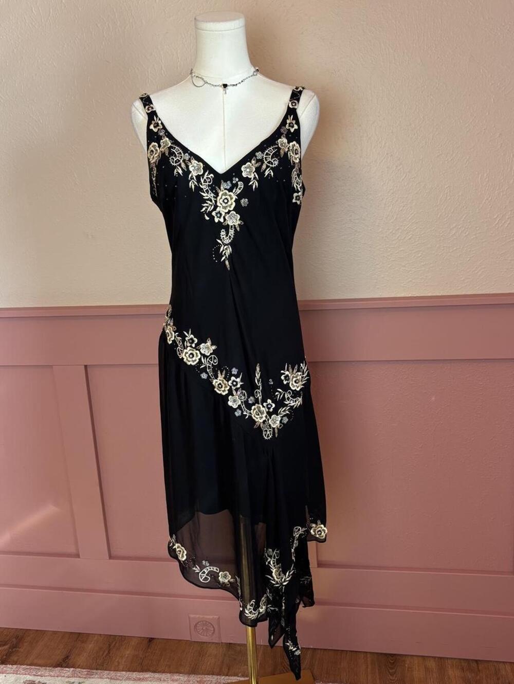 90s asymmetrical beaded black dress black bias cut chiffon galliano R&M Richards